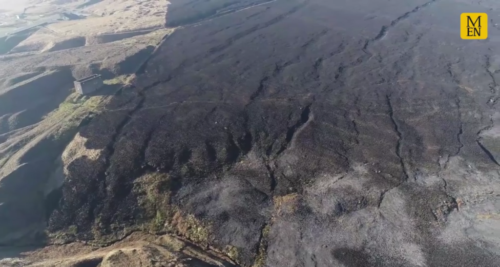 Aerial view of charred landscape after a wildfire on the Saddleworth Moor in West Yorkshire, England, 27 February 2019. Photo: Examiner Live
