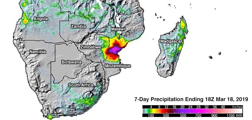 Seven-day satellite-estimated rainfall amounts for Idai. Rainfall in excess of two feet (pink colors) fell in central Mozambique, with up to foot (dark red colors) in eastern Zimbabwe. This map does not show the heavy rains in excess of a foot that Idai’s precursor tropical disturbance dumped over northern Mozambique and southern Malawi before 11 March 2019. Graphic: NASA