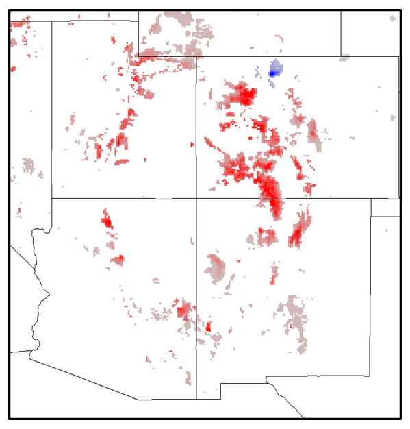 Decline of snowpack in the Southwest U.S., 1982-2016. The pink-to-red areas on this map of the Four Corners region shows statistically significant decreases in annual snow mass since 1982. Those areas correspond to many of the region’s highest mountain ranges. Darker colors represent larger trends. Graphic: Patrick Broxton