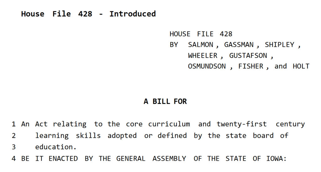 Cover page of Iowa House File 428, which would prevent the use of the Next Generation Science Standards that include teaching climate science and evolutionary biology. Graphic: Iowa Legislature