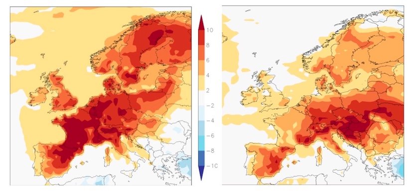 Maximum temperature anomalies for Europe (°C) on 27 February 2019 (left map), and 28 February 2019 (right map), two of the warmest winter days on record for the continent. Graphic: ECMWF analysis, ERA-interim, / @gjvoldenborgh / World Meteorological Organization