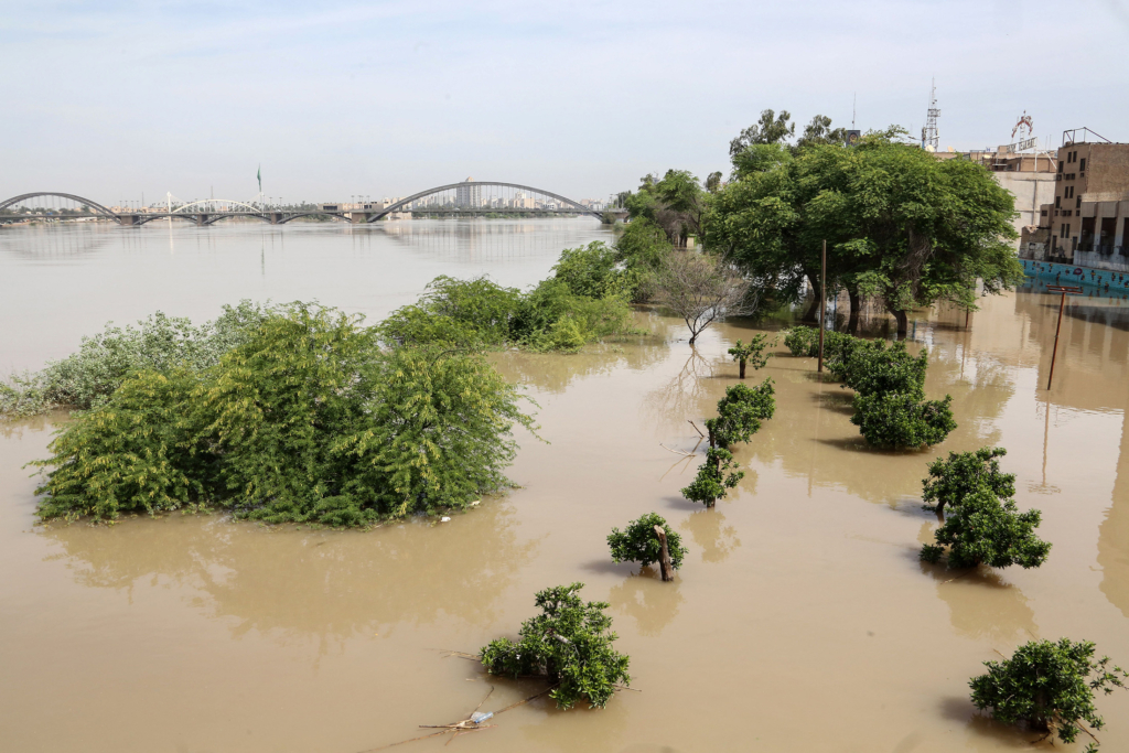 This picture taken on 11 April 2019 shows trees partially submerged by water from floods in Ahvaz, the capital of Iran's southwestern province of Khuzestan - Authorities ordered tens of thousands of residents of the southwestern Iranian city of Ahvaz to evacuate immediately on 10 April 2019 as floodwaters entered the capital of oil-rich Khuzestan province, state television reported. Photo:  
Atta Kenare / AFP / Getty Images