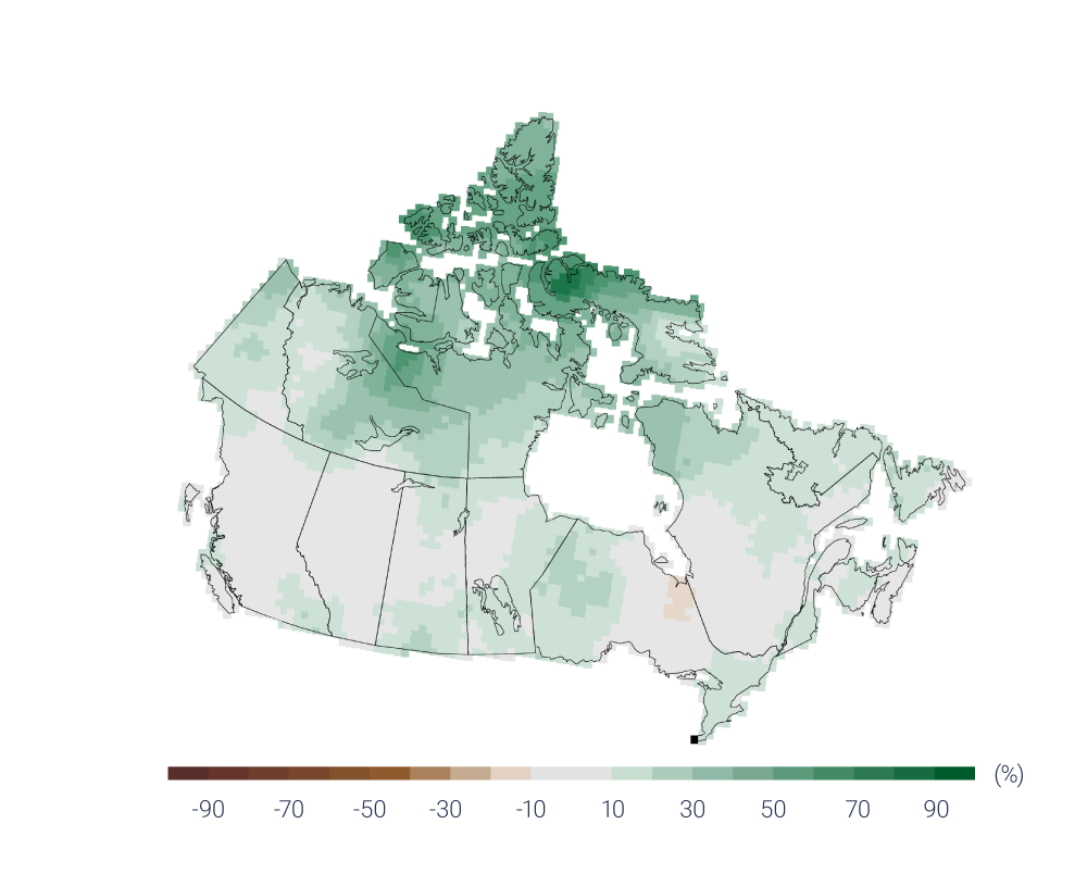 Observed changes in annual precipitation across Canada, 1948–2012, based on linear trends. Graphic: CCCR 2019