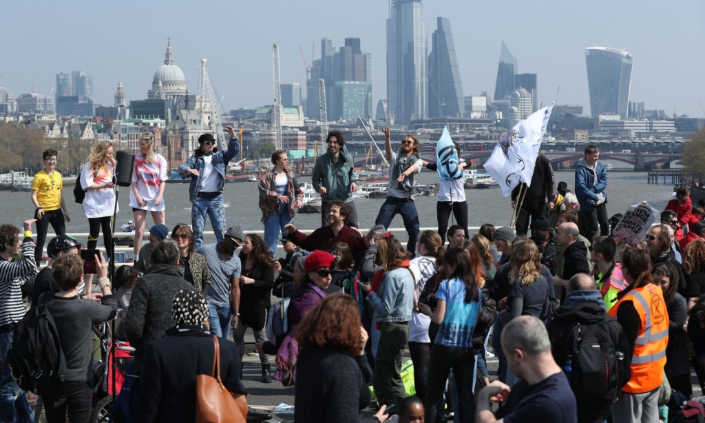 Extinction Rebellion demonstrators on the Waterloo Bridge in London, 14 April 2019. Photo: Jonathan Brady / PA