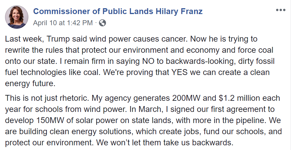 Facebook post by Washington Commissioner of Public Lands, Hilary Franz, on 10 April 2019, announcing that Washington State will fight Trump’s executive orders that attempt to bypass the Clean Water Act to fast-track fossil-fuel development projects. Photo: Hilary Franz