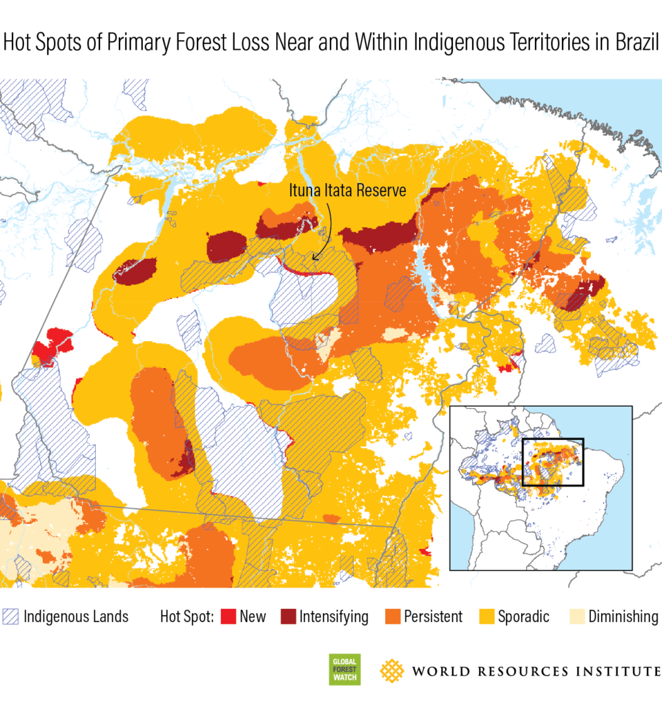 Hot spots of primary forest loss near indigenous territories in Brazil in 2018. Graphic: WRI / Global Forest Watch