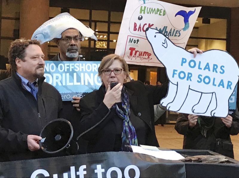 Judith Enck, center, former regional administrator for the Environmental Protection Agency addresses those gathered at a protest against President Trump's plan to expand offshore drilling for oil and gas in Albany, N.Y., on 15 February 2018. A U.S. judge in Alaska says President Donald Trump exceeded his authority when he reversed a ban on offshore drilling in vast parts of the Arctic Ocean and dozens of canyons in the Atlantic Ocean. Judge Sharon Gleason in a ruling late Friday, 29 March 2019 threw out Trump’s executive order that overturned the ban implemented by President Barack Obama. Photo: David Klepper / AP Photo