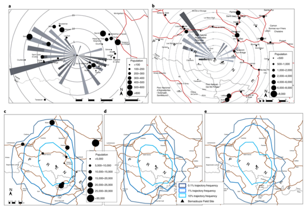 Microplastic (MP) transport trajectories across the Pyrenees, relative to the recorded meteorology, using simplistic MP settling velocity trajectory calculation and HYSPLIT4 back-trajectory modelling. Graphic: Allen, et al., 2019 / Nature Geoscience
