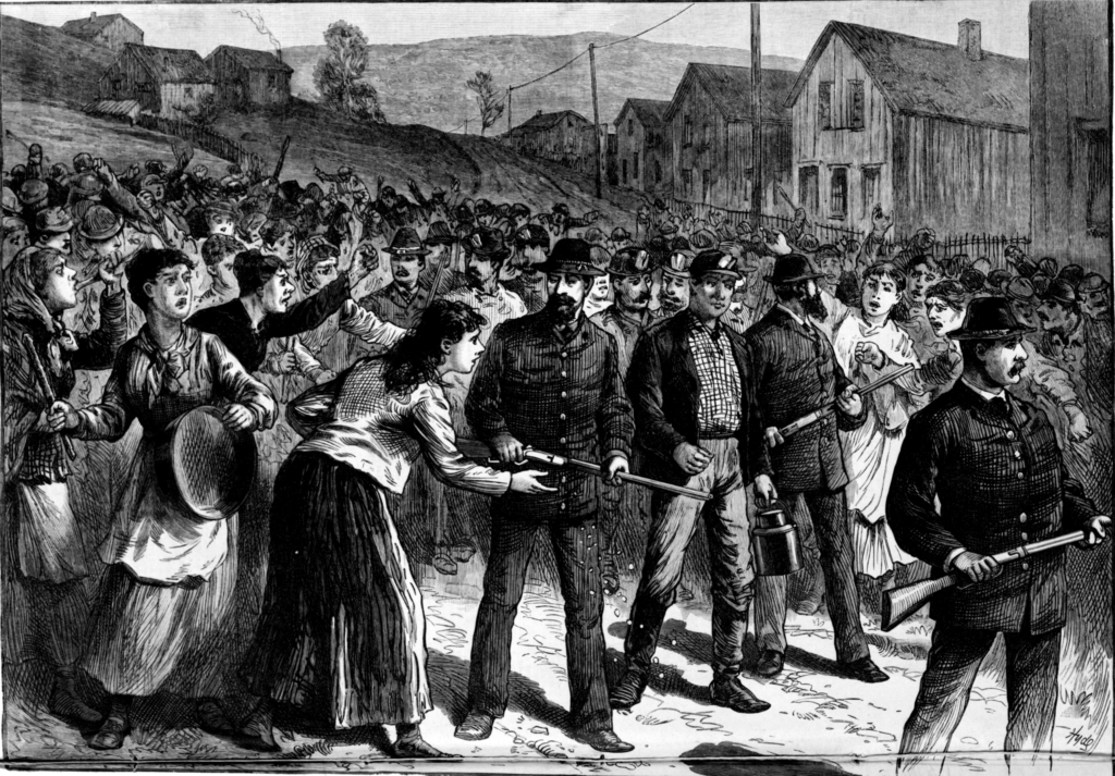 An 1884 newspaper sketch of Pinkertons escorting workmen during a mining strike. Graphic: Alamy