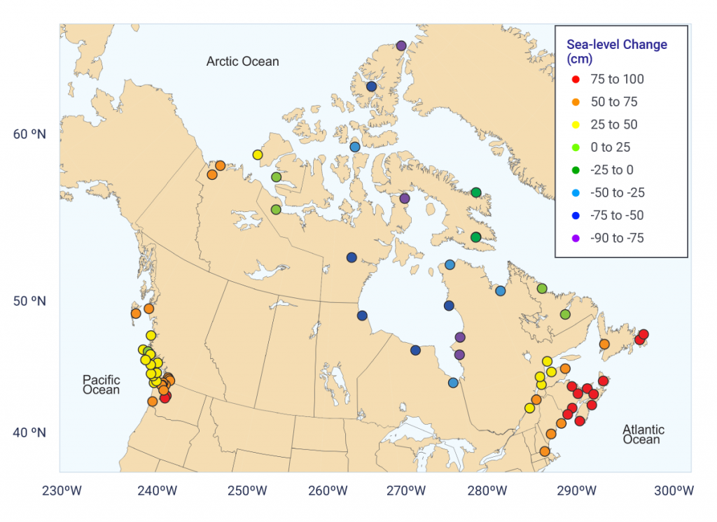 Projected relative (local) sea-level change along Canadian coastlines at the end of the century. Changes in local sea level are a combination of global sea level rise and local land subsidence or uplift. Projections shown are the median projection based on a high emission scenario (RCP8.5) and are relative to the average conditions in the 1986–2005 period. Graphic: CCCR 2019