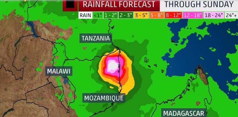 Rainfall forecast for Tropical Cyclone Kenneth through Sunday, April 27, 2019. Graphic: weather.com