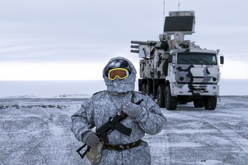 In this photo taken on Wednesday, 3 April 2019, a Russian solder stands guard as Pansyr-S1 air defense system on the Kotelny Island, part of the New Siberian Islands archipelago located between the Laptev Sea and the East Siberian Sea, Russia. Russia has made reaffirming its military presence in the Arctic the top priority amid an intensifying international rivalry over the region that is believed to hold up to one-quarter of the planet's undiscovered oil and gas. Photo: Vladimir Isachenkov / AP Photo