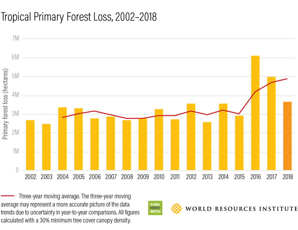 Tropical primary forest loss, 2002-2018 and three-year moving average. Graphic: WRI / Global Forest Watch