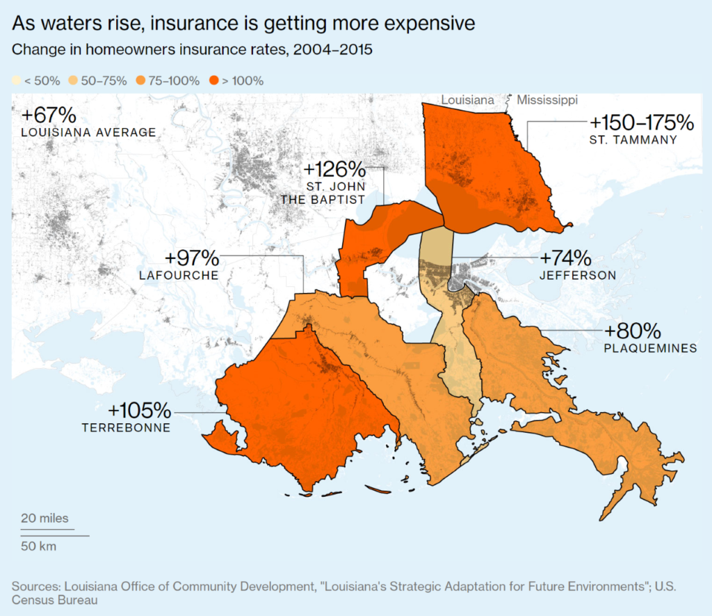 Change in homeowners insurance rates in Louisiana, 2004–2015. Graphic: Bloomberg