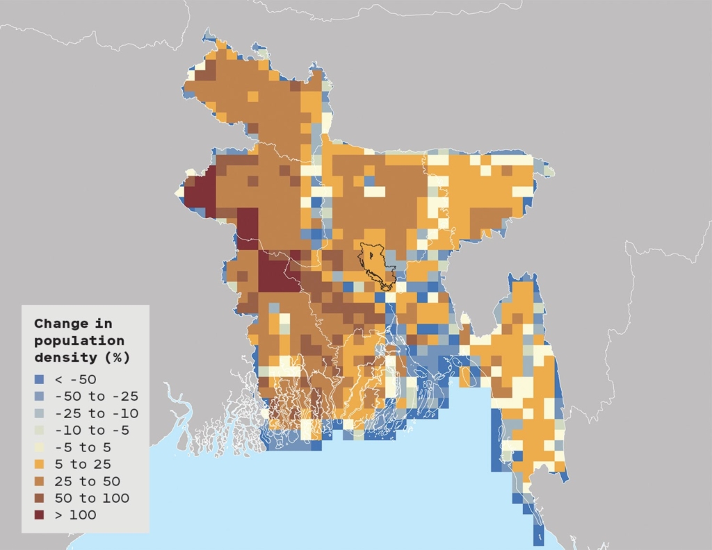 Projected change in population density in Bangladesh by 2050 under a pessimistic climate change scenario. Researchers expect that 13.3 million Bangladeshis could be climate migrants in 2050, close to 8 percent of the projected population. The most likely migrant is a rural rice farmer moving into the Ganges River Basin—but since that region is already overcrowded, the migrants are likely to have a hard time finding work and shelter. Graphic: The World Bank Groundswell Report