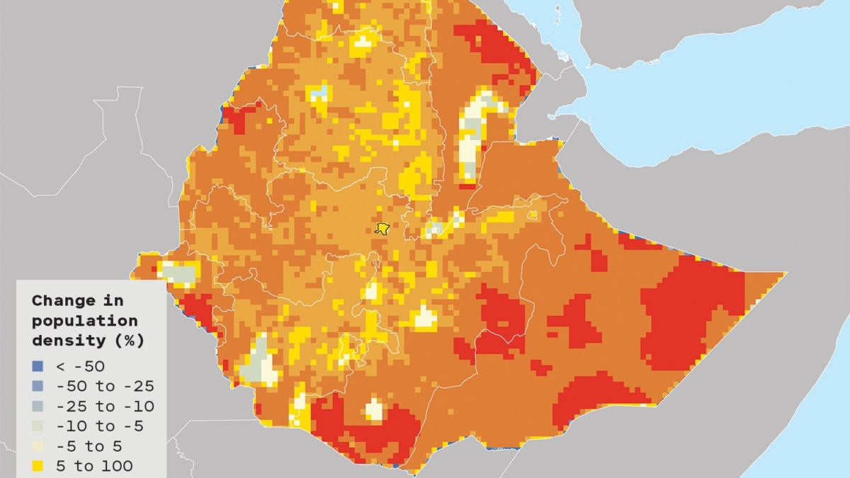 Projected change in population density in Ethiopia by 2050 under a pessimistic climate change scenario. As climate change worsens even moderately, it could cause water shortages in Ethiopia severe enough to prompt 1.5 million Ethiopians to migrate by 2050. They’ll most likely move out of the northern highlands and Addis Ababa into the southern highlands and Ahmar Mountains. Addis Ababa lies at the center of Ethiopia’s agricultural region, and lower crop yields will result in movement out of the urban center, which is currently the hub of the country’s economic development. Graphic: The World Bank Groundswell Report