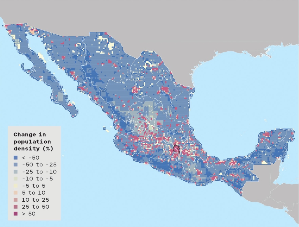 Projected change in population density in Mexico by 2050 under a pessimistic climate change scenario. By 2050, climate change is expected to turn 1.7 million Mexicans into migrants. The arid north and low-lying southern regions of Mexico will be more prone to drought, wildfires, and flooding than the central plateau around Mexico City, so migration into urban areas will increase. Port workers and farmers from Veracruz and Tabasco will likely need to retrain for the urban economy of Mexico City. Graphic: The World Bank Groundswell Report