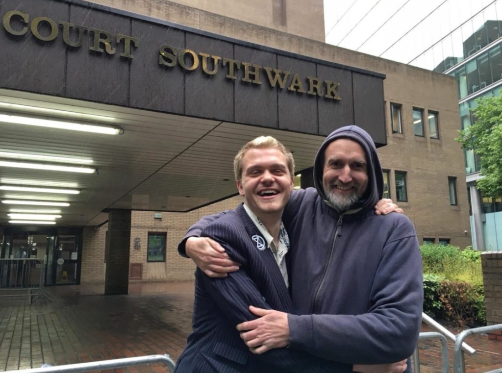 Climate protesters David Durant, left, and Roger Hallam were acquitted by a jury in London on 10 Mmay 2019 by using the necessity defense. Photo: Extinction Rebellion