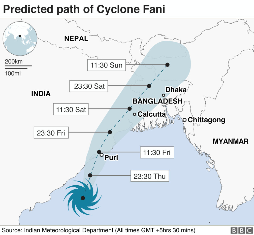 Predicted path of Cyclone Fani on 2 May 2019. Data: Indian Meteorological Department. Graphic: BBC