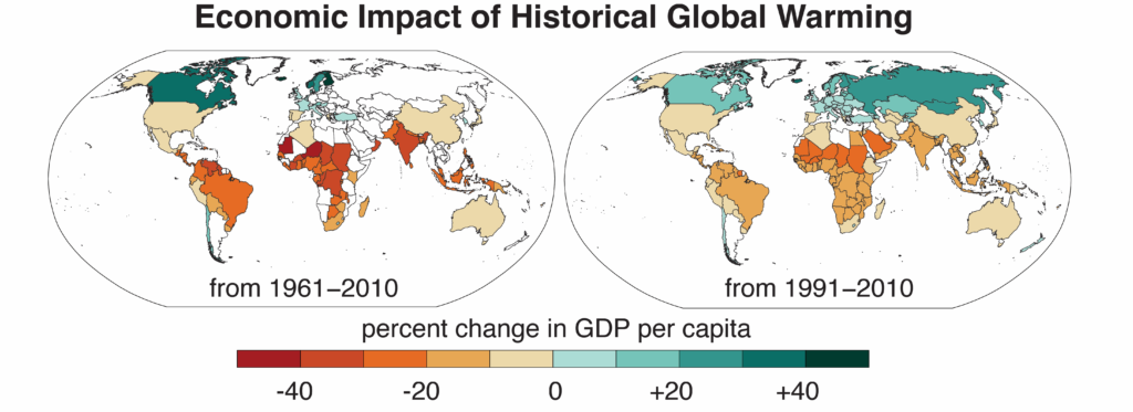 Economic impact of historical global warming. The map on the left shows countries where per capita GDP increased or decreased as a result of global warming between 1961 and 2010. The map on the right shows the same information from 1991, after economic data became available for more countries. Graphic: Diffenbaugh and Burke, 2019 / PNAS