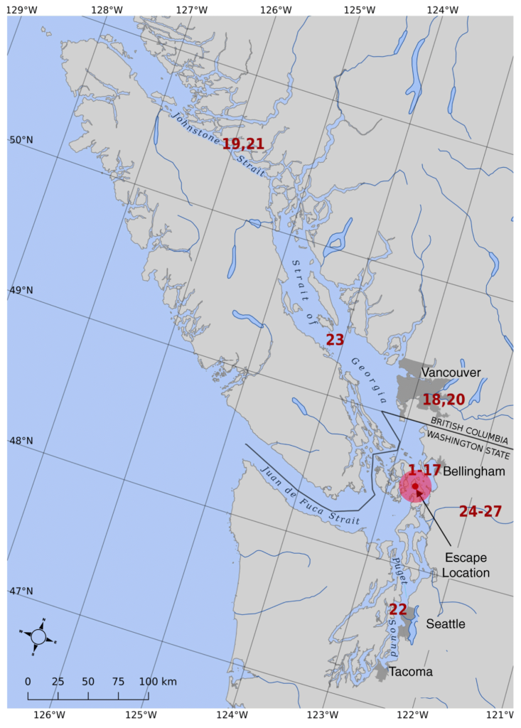 Map showing location of the Cypress Island net pen collapse where a farmed Atlantic salmon escape occurred on 19 August 2017. Also shown and capture sites of the salmon tested for Piscine Reovirus PRV in a Wild Fish Conservancy and University of Prince Edward Island study. Graphic: Kibenge, et al., 2019 / Virology Journal