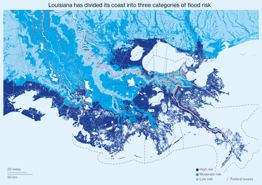 Flood risk on the Louisiana coast. Louisiana’s 1,500-page strategy divides the flood-prone southeast into low, moderate, and high risk zones. Graphic: Bloomberg