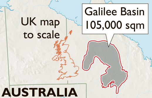 Map of the 105,000 square miles of coal-rich outback land known as the Galilee Basin in Queensland, Australia. Graphic: The Times