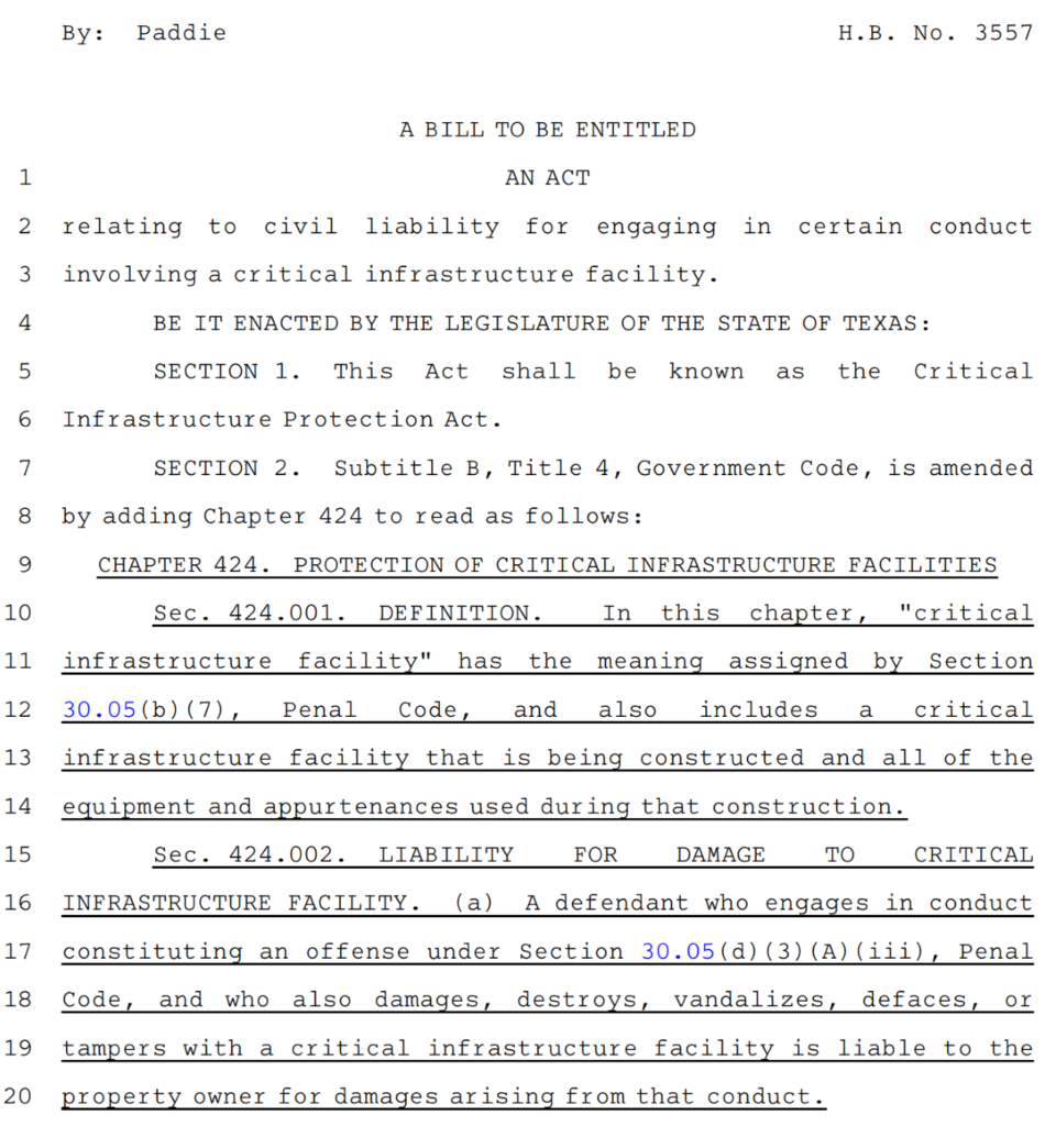 First page of Texas bill H.B. 3557, which criminalizes protests at oil pipelines and is part of a nation-wide offensive by the fossil fuel industry to suppress protest. Graphic: Texas State Legislature