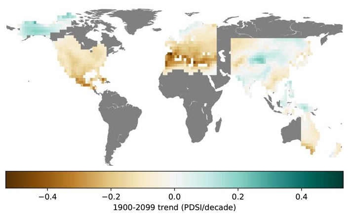 Trends in the Global Drought Atlas (GDA). Regions are projected to become drier or wetter as the world warms. More intense browns mean more aridity; greens, more moisture. Gray areas lack sufficient data so far. A new study shows that observations going back to 1900 confirm projections are largely on target. Graphic: Marvel, et al., 2019 / Nature
