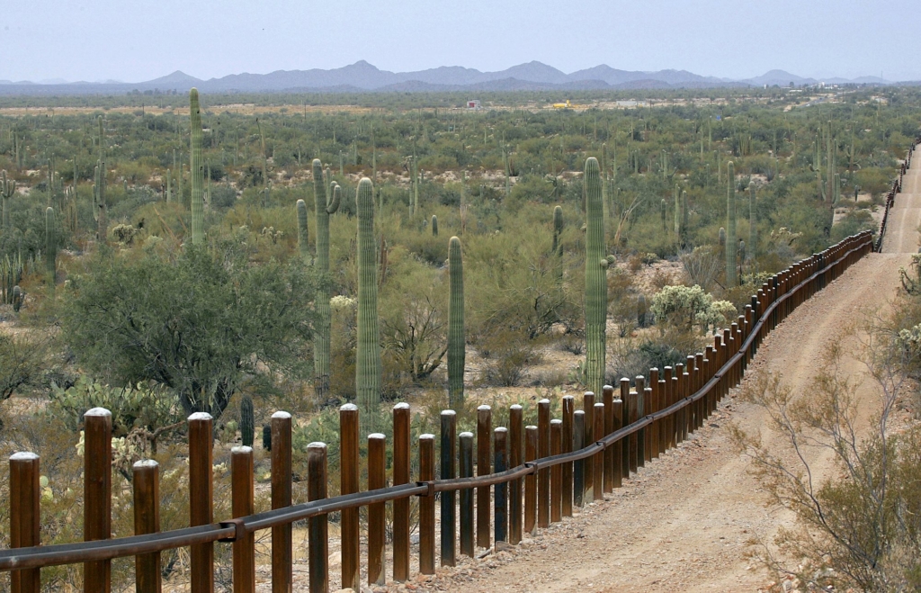 This 17 February 2006 photo shows the international border line made up of bollards: irregular, concrete-filled steel poles, separating Mexico, left from the United States, in the Organ Pipe National Monument near Lukeville, Arizona. The federal government plans on replacing barriers through 100 miles of the southern border in California and Arizona, including through a this national monument and a wildlife refuge, according to government documents and environmental advocates. The Department of Homeland Security on Tuesday, 14 May 2019 waived environmental and dozens of other laws to build more barriers along the southern border. Photo: Matt York / AP Photo