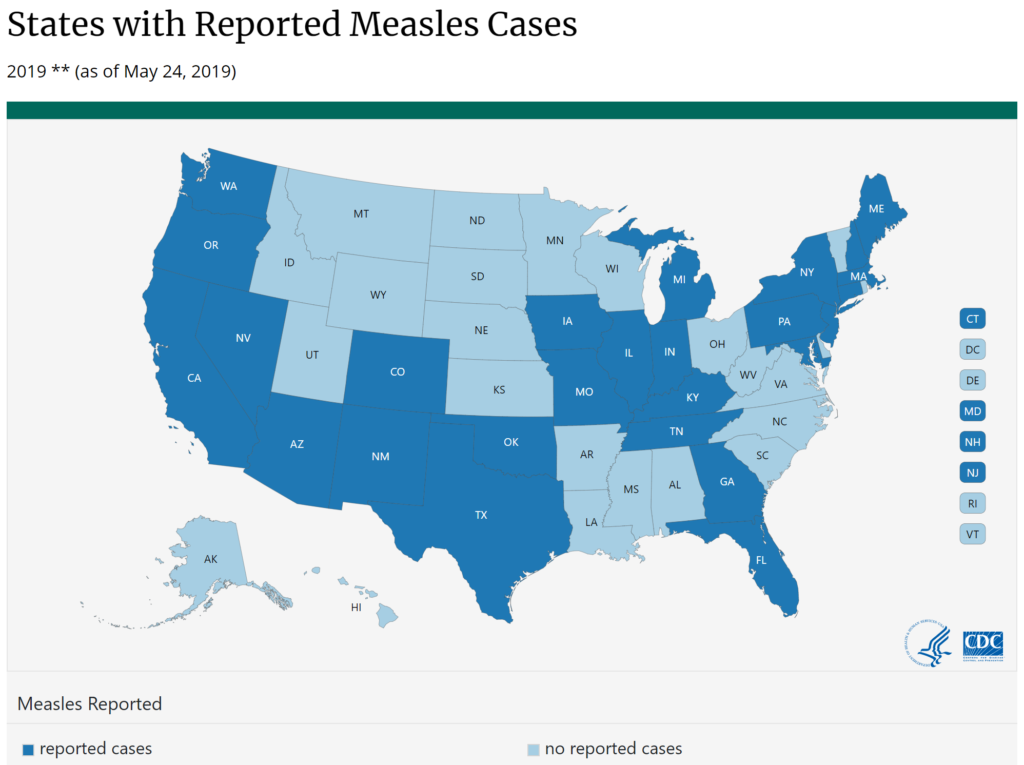 U.S. states with reported measles cases, from 1 January 2019 to 24 May 2019. Graphic: CDC