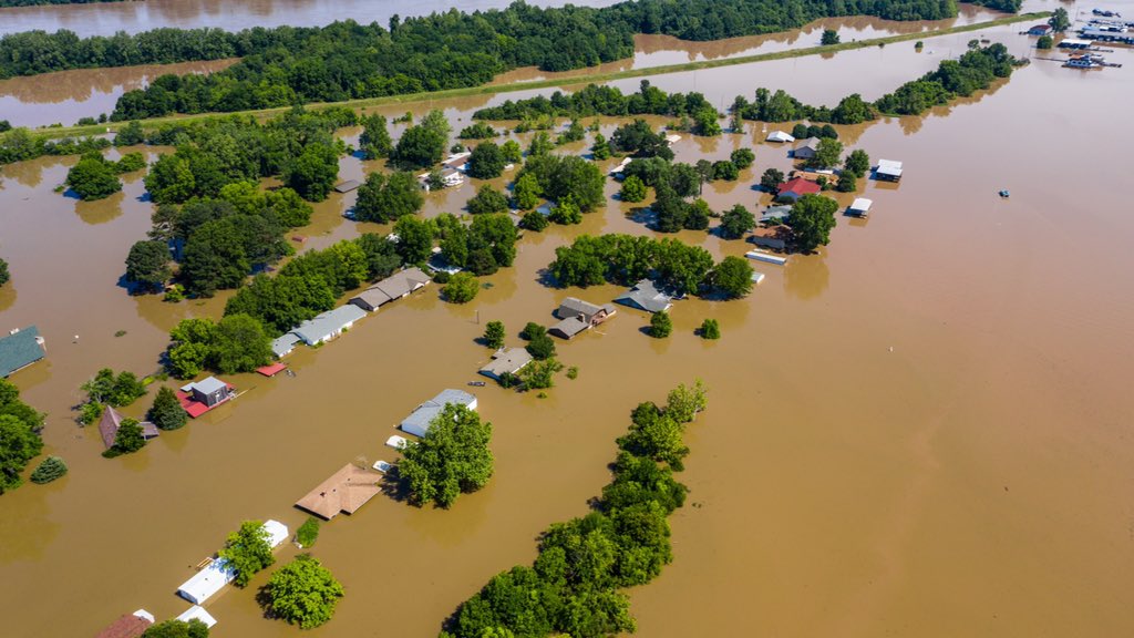 Aerial view of flooded homes in Arkansas, 2 June 2019. Photo: Brian Emfinger / Twitter