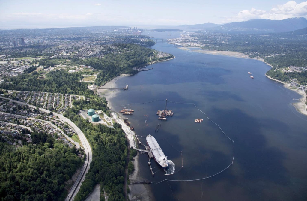Aerial view of the Trans Mountain marine terminal, in Burnaby, B.C. Photo: Jonathan Hayward / The Canadian Press
