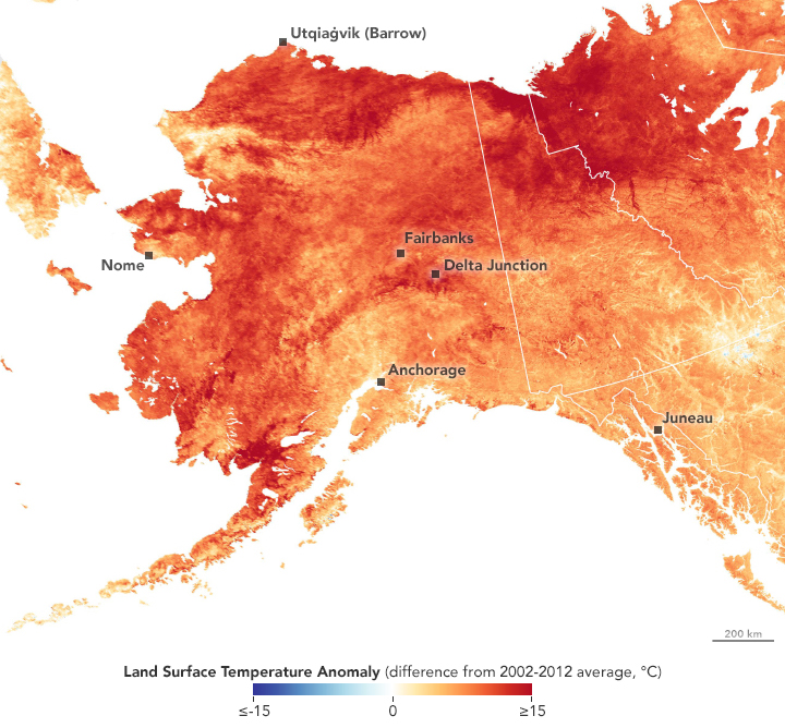 Alaska land surface temperature anomalies from 1 March 2019 to 31 March 2019 NASA. The average temperature for March 2019 set records at 10 of 19 ground-based weather stations in Alaska. Utqiaġvik (Barrow)—the northernmost town in the United States—saw its hottest March in more than 100 years. The town’s average high temperature in March is usually -12.6 degrees Fahrenheit (-24.7° Celsius). But in March 2019, the temperature averaged 5.9° Fahrenheit. Delta Junction, Fairbanks, and many towns broke temperature records. Graphic: Earth Observatory