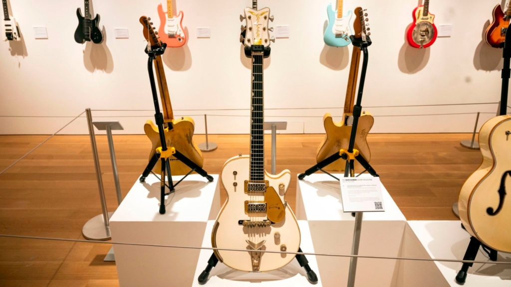 A collection of guitars from the personal guitar collection of rock and roll legend David Gilmour of Pink Floyd  on display for auction, 21 June 2019. Photo: Sky News