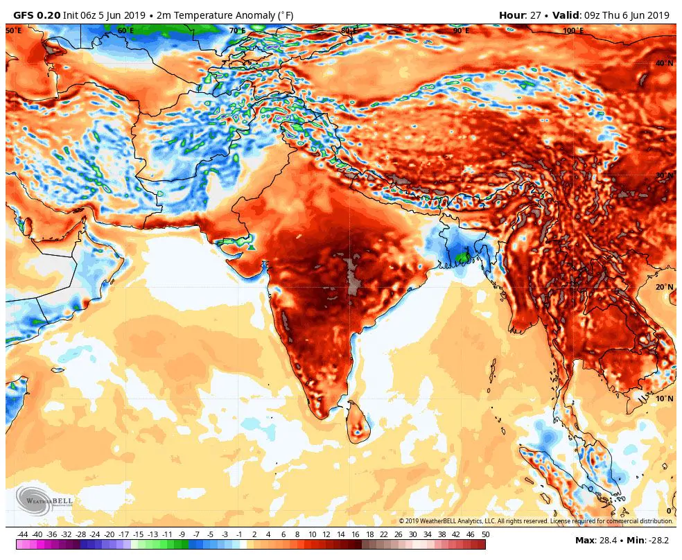 This forecast for 6 June 2019 shows the temperature anomaly (difference from normal) in India. Red shades show areas where the temperature is hotter than normal. Graphic: WeatherBell Analytics
