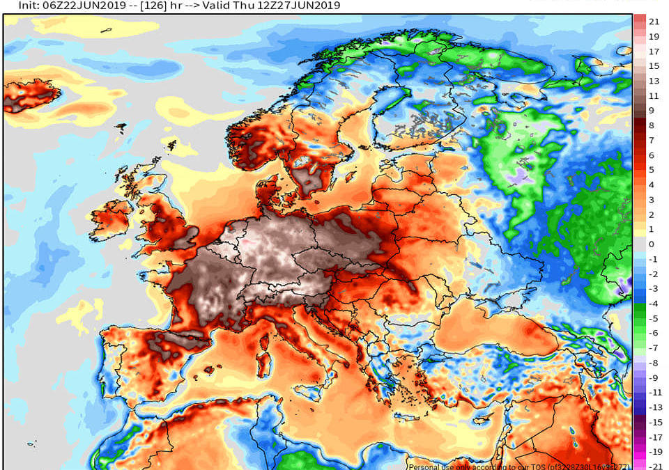 Surface temperature anomaly forecast for Europe, 22 June 2019. Graphic: weathermodels.com