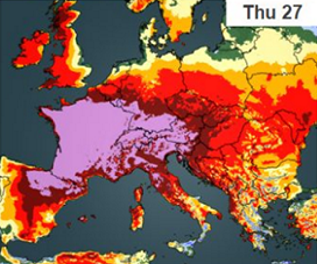 Heat forecast for Europe on 25 June 2019. The most widespread anomalous heat, with temperatures more than 12°C (22°F) above average (pink colors), are predicted on Wednesday and Thursday. Graphic: The Weather Company