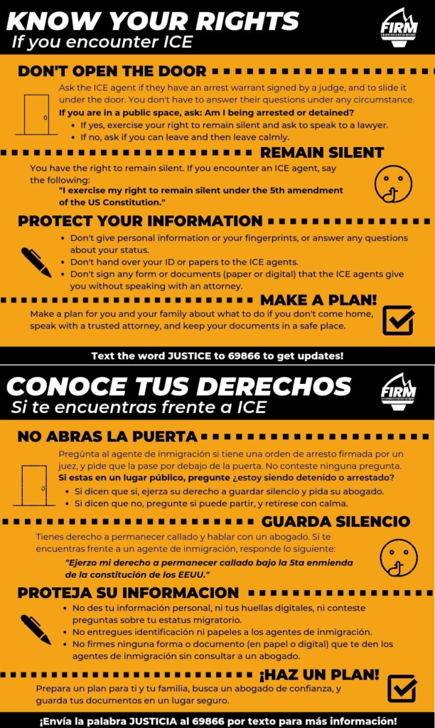 Know your rights if you encounter ICE, 21 June 2019. Conoce tus derechos si te encuentras frente a ICE. Graphic: FIRM