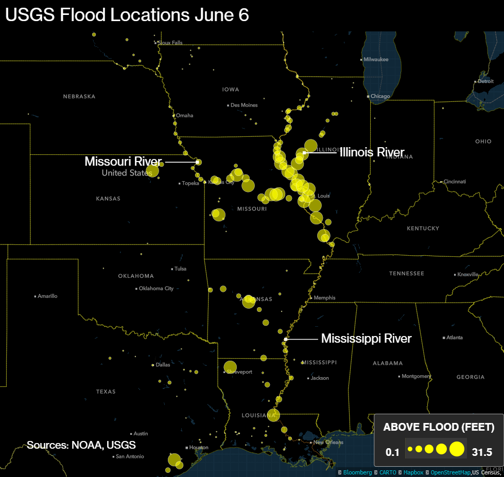 Map showing flood locations in the U.S. Midwest, 6 June 2019. Data: USGS, NOAA. Graphic: Bloomberg