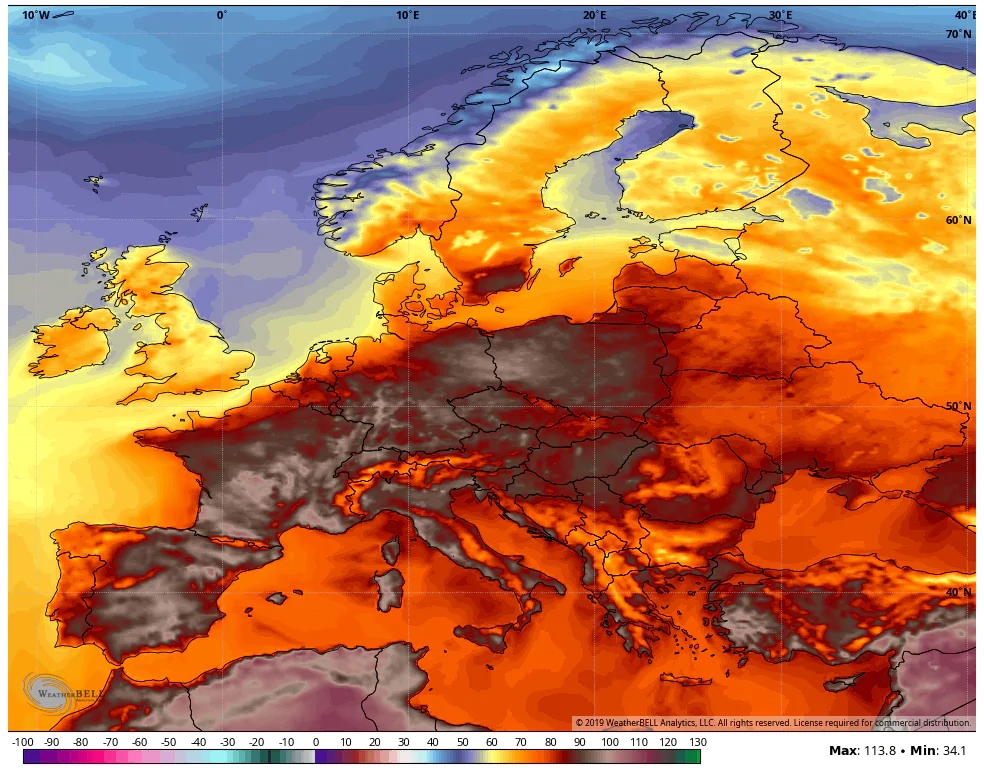 Maximum temperatures across Europe on Wednesday, 26 June 2019, as seen by the American GFS weather model, in degrees Fahrenheit. Graphic: Weatherbell.com