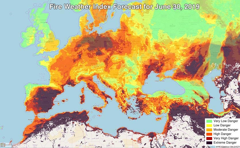 Predicted Fire Weather Index for Sunday, 30 June 2019. Continued hot, dry weather over the weekend is expected to bring extreme fire danger to portions of Spain, southern France, Italy, Germany, and Poland. Graphic: Copernicus Emergency Management Service