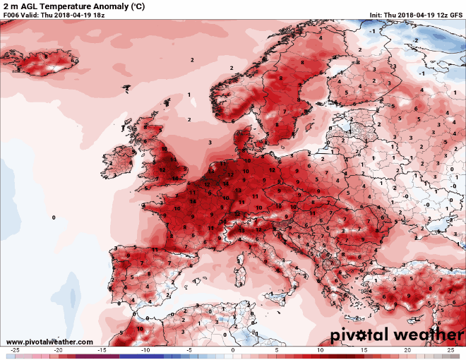 Heatwave over Europe, 19 April 2019. Graphic: Pivotal Weather