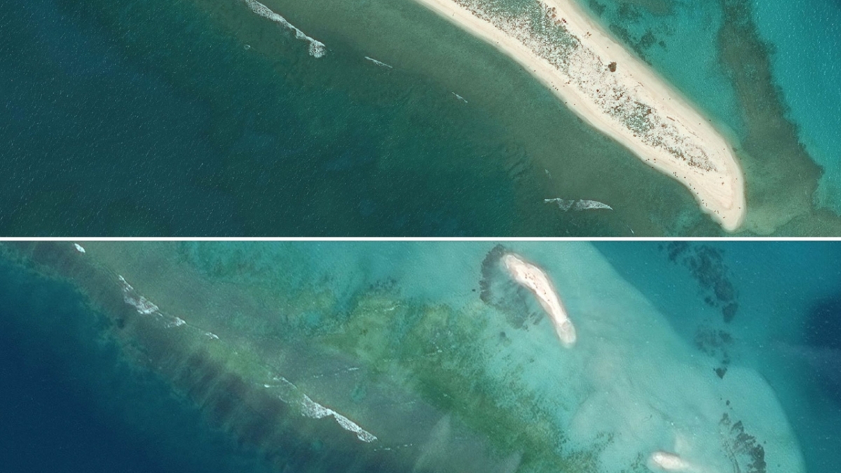 Satellite view of East Island, Hawaii before (top) and shortly after (bottom) category 5 Hurricane Walaka in October 2018. Source: Maxar Technologies. Graphic: Jiachuan Wu / NBC News