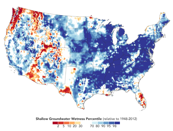 U.S. shallow groundwater wetness percentile from 11 May 2019 to 13 May 2019. In May, the continental United States finished its soggiest 12 months in 124 years of modern recordkeeping. The results are visible in satellite measurements of fresh water. From 1 May 2018, to 30 April 2019, the lower 48 states collectively averaged 36.20 inches (919.48 millimeters) of precipitation, a full 6.25 inches (158.75 mm) above the mean. The previous record (April 2015 to March 2016) was 35.95 inches. According to the National Centers for Environmental Information, ten U.S. states had their wettest 12 months, and three others were in the top three. Many of them were clustered in the Mid-Atlantic and Midwest regions. Graphic: NASA Earth Observatory