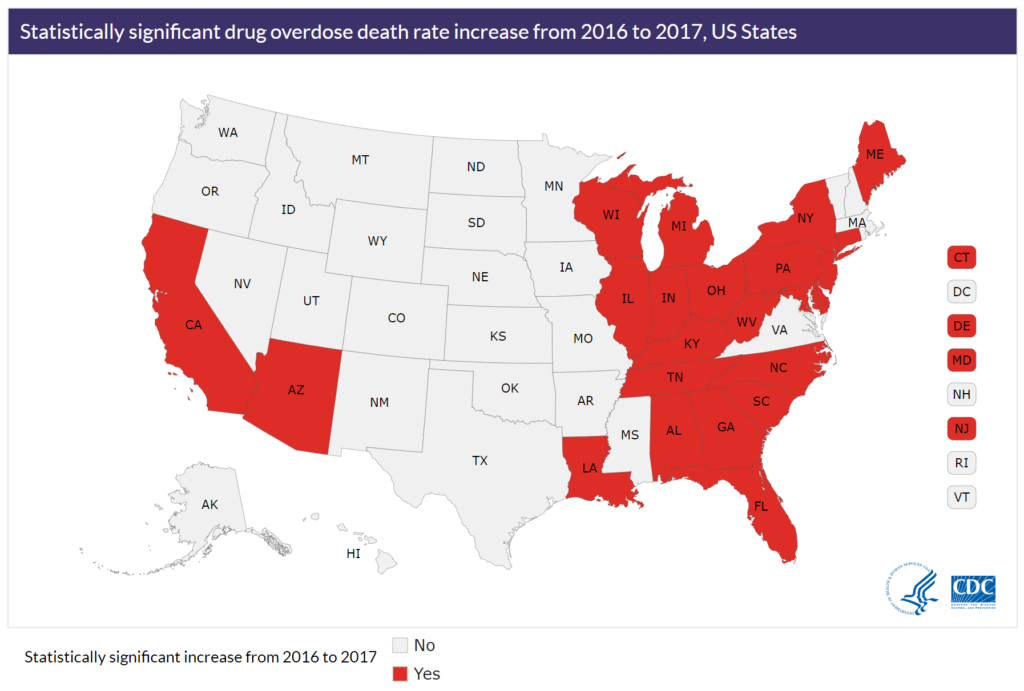 Statistically significant drug overdose death rate increase from 2016 to 2017 U.S. States. Graphic: CDC