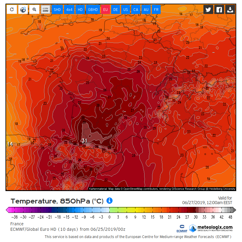 Temperature forecast for France on 25 June 2019. Graphic: Meteologix
