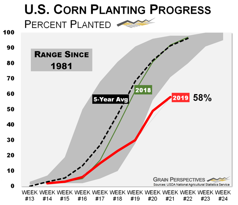 US corn planting progress, 1981-2019. The USDA announced that 58 percent of the U.S. #corn crop has been planted as of 26 May 2019, compared to the 5-year average pace of 90 percent. This is the slowest pace in recorded history. Data: USDA. Graphic: Grain Perspectives