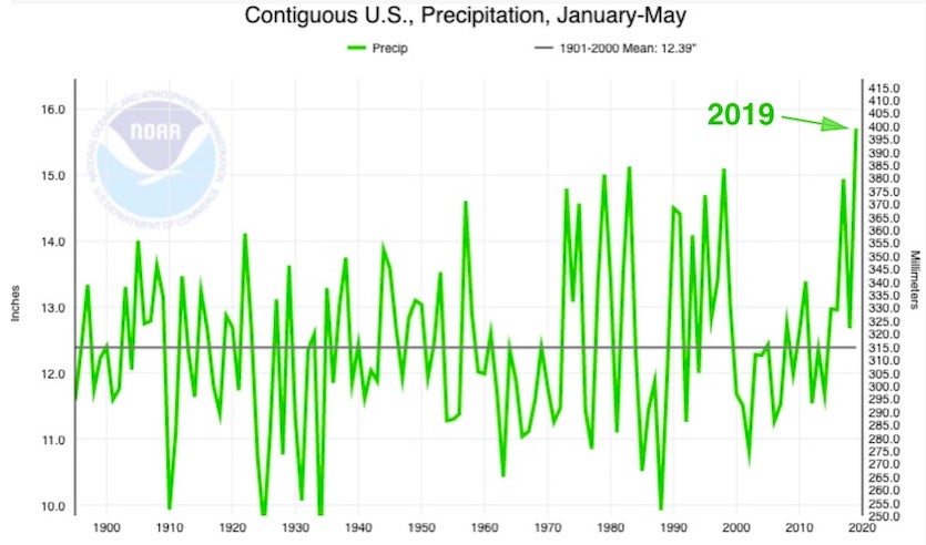 Precipitation averaged across the contiguous U.S. for the period January-May for all years going back to 1895, with 2019 standing head and shoulders above all prior years to date. Graphic: NOAA / NCEI