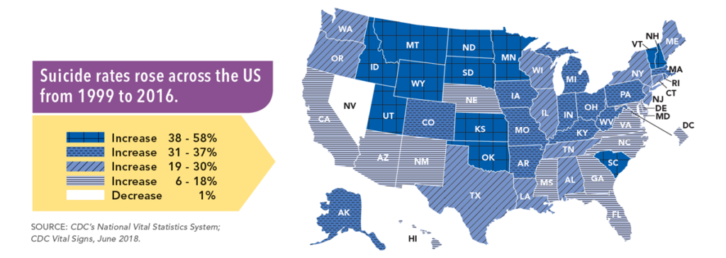 Rise in U.S. suicide rates between 1999 and 2016, by state. Data: CDC National Vital Statistics System / CDC Vital Signs, June 2018. Graphic: CDC